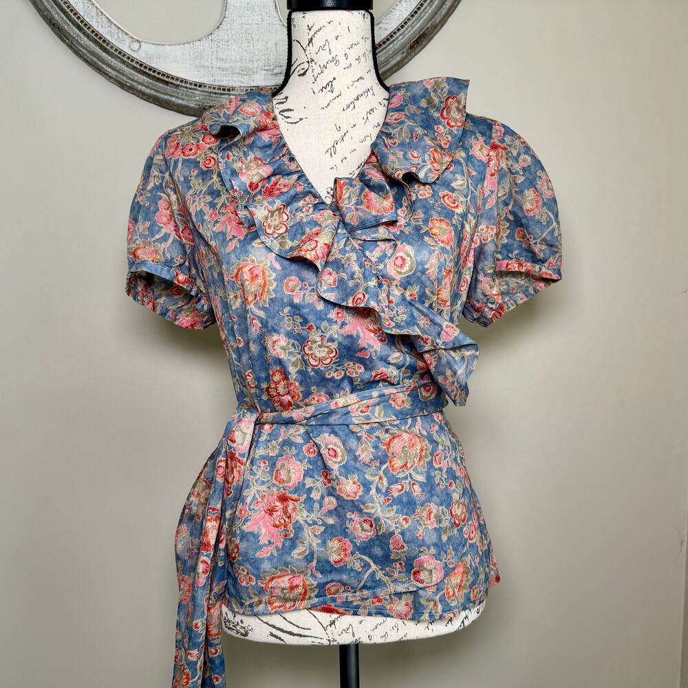 Ralph Lauren Women’s Blouse Top Large Blue Floral Ruffle Wrap Belt 100% Cotton